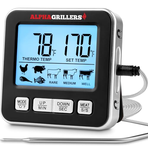 Alpha Grillers Food & Meat Thermometer for Oven w/Temperature Probe, Leave in Digital Oven Thermometer for Cooking in The Kitchen & Grilling with 7 Preset Temperatures & Timer