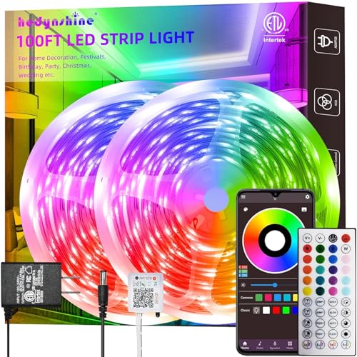HEDYNSHINE 100Ft Smart LED Strip Lights, Dimmable Color Changing by APP and 40Key Controller Indoor led Strip Lights, Sync to Music,led Lights for Bedroom