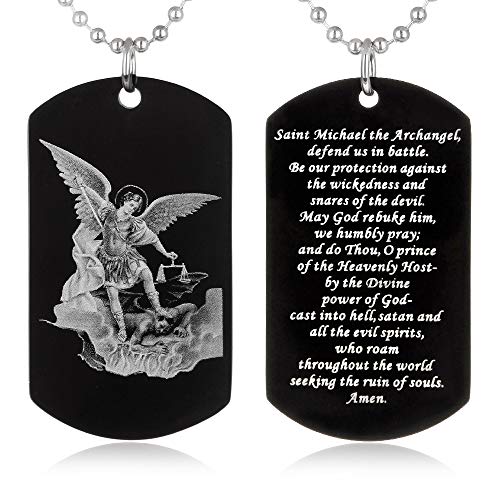 FAYERXL St Michael Scripture Baptism Black Dog Tag Necklace Gift for Men,Archangel Michael Protection Amulet Religious Confirmation Sacrament Catholic Jewelry (Saint Michael Archangel)