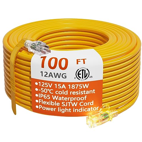 12/3 Gauge Heavy Duty Outdoor Extension Cord 100 ft Waterproof with Lighted end, Flexible Cold-Resistant 3 Prong Electric Cord Outside, 15Amp 1875W 12AWG SJTW, Yellow, ETL HUANCHAIN