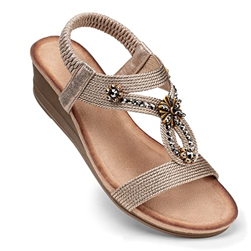 SHIBEVER Womens Wedge Sandals Flower Low Heel Dressy Sandals Elastic Ankle Strap Rhinestone Sandals Summer Comfortable Shoes Champagne Size 7
