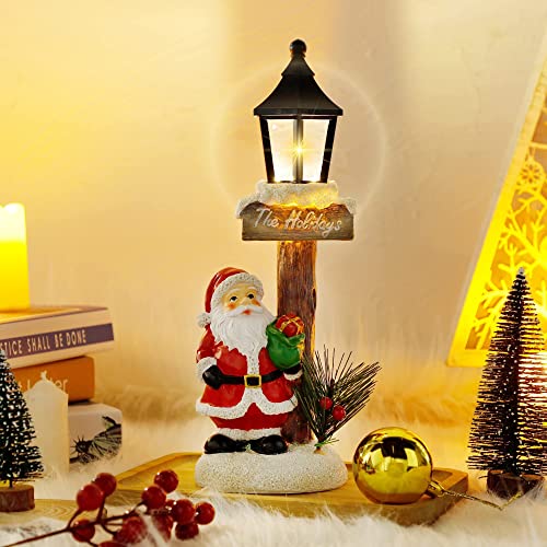Prsildan Christmas Indoor Decorations, LED Lights Santa Claus Lamppost Tabletop Figurine, 11.6' x 4' Resin Ornaments for Home Kitchen Table Holiday Xmas Party Decor