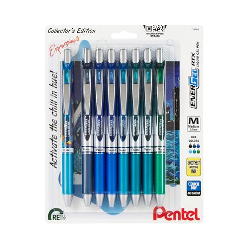 EnerGel RTX Retractable Liquid Gel Pen, Chill Expressions Pack, 0.7mm, Metal Tip, Medium Line,Assorted Ink, Pack of 8 Pens (BL77XCHIBP8M)