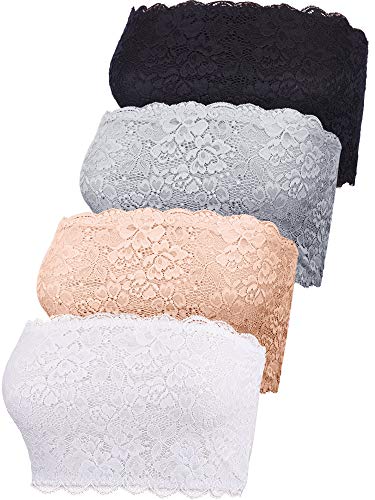 4 Pieces Women Lace Bandeau Bra Tube Top Elastic Strapless No Sponge Pad No Underwire Bra for Daily Favor (Black, White, Nude, Gray, Small)