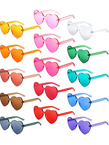 Gejoy 15 Pairs Heart Shaped Sunglasses for Women Men Valentine's Day Transparent Candy Color Frameless Glasses Tinted Eyewear