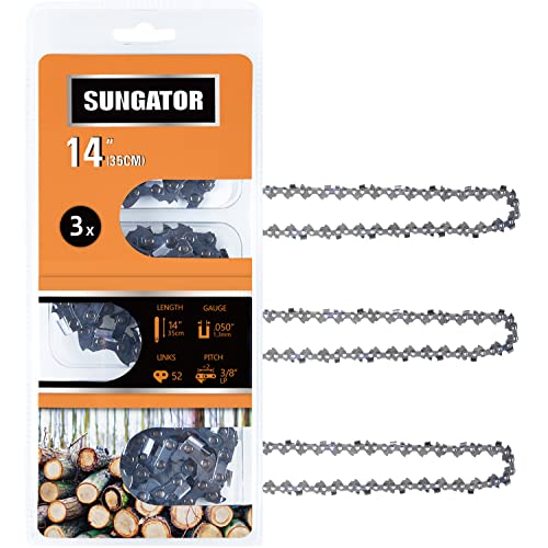 SUNGATOR 3-Pack 14 Inch Chainsaw Chain SG-S52, Compatible with Echo CS310, Ryobi RY3714, 3/8' LP Pitch - .050' Gauge - 52 Drive Links, Compatible with Craftsman, Poulan, Ryobi, Homelite, Echo and more