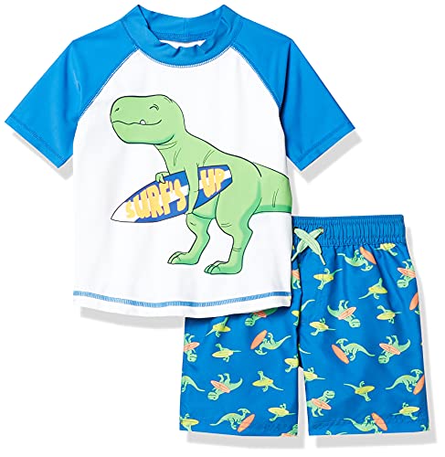 Simple Joys by Carter's Boys' Swimsuit Trunk and Rashguard Set, Blue White Dinosaur, 3T