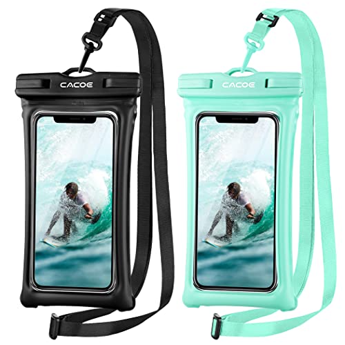 [Floatable]CACOE Floating Universal IPX8 Waterproof Phone case 2 Pack-Up to 7.0',Adjustable Neck Lanyard Phone Pouch,Phone Dry Bags for Vacation Beach Pool Kayak Cruise Travel Essentials（Black+Green）