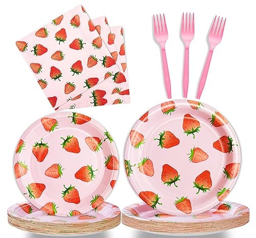 96 Pcs Strawberry Birthday Party Plates Napkins Forks Supplies Summer Fruit Tableware Set Disposable Strawberry Theme Decoration for Girls, Serves 24 Guests