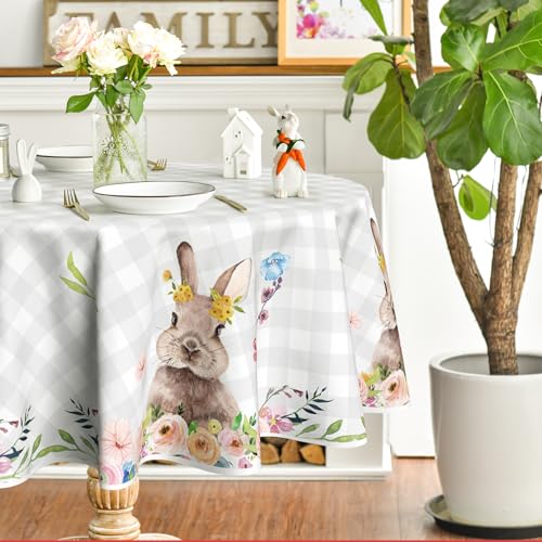 Horaldaily Easter Tablecloth 70x70 Inch Round, Spring Flower Buffalo Plaid Bunny Table Cover for Party Picnic Dinner Decor