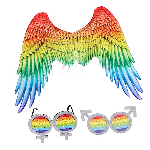 OFFSCH 3pcs Gay Angel Wings and Glasses Makeup Homosexual Costume Props Halloween Cosplay Wings Glasses Rainbow Dress up Adult Costume Dreses Men and Women Make up Supplies