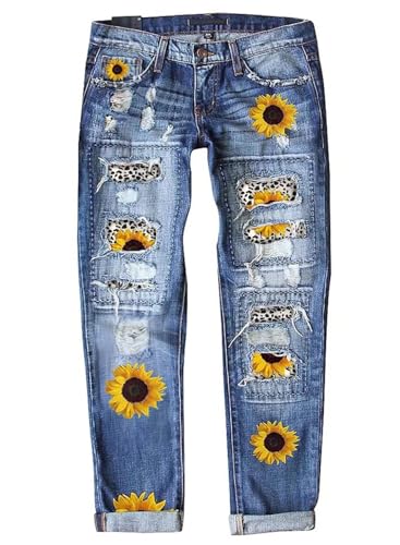 Astylish Women Patchwork Ripped Sunflower Jeans Boyfriend Washed Skinny Stretch Raw Hem Distressed Hole Ankle Denim Pants Small
