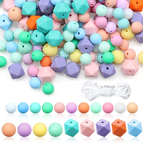 Jyongmer 101 PCS Silicone Beads, 15mm 12 mm Silicone Beads for Keychain Making 14mm Polygonal Colorful Silicone Beads Bulk with Rope for DIY Necklace Bracelet Jewelry Crafts