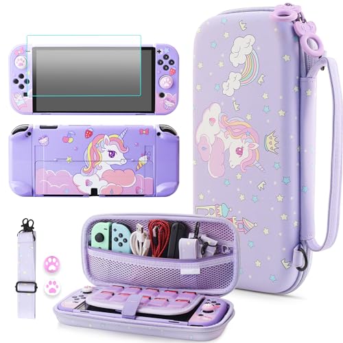 HYPERCASE Cute of Unicorn Carrying Case for Nintendo Switch OLED, Purple Accessories Bundle with Switch Travel Bag, Hard Protective Cover Skin, Screen Protector, Shoulder Strap & Thumb Caps for Girls