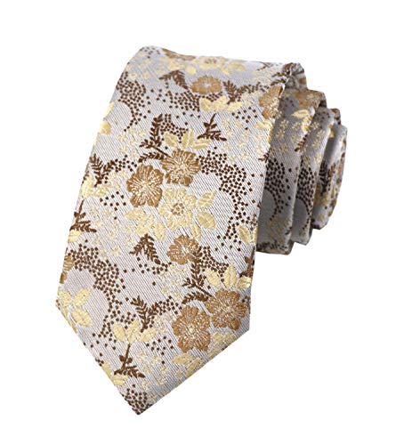 Elfeves Mens Women Boys Champagne Ivory Necktie Small Novelty Floral Extra long Wedding Silk Tie