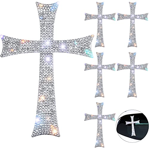 6 Pieces Silver Bling Cross Car Decals Waterproof Rhinestone Stickers with Self-Adhesive Backing for Car Decor, Bumper Window Laptops Luggage Car Interior Exterior Window Motorcycle Helmet