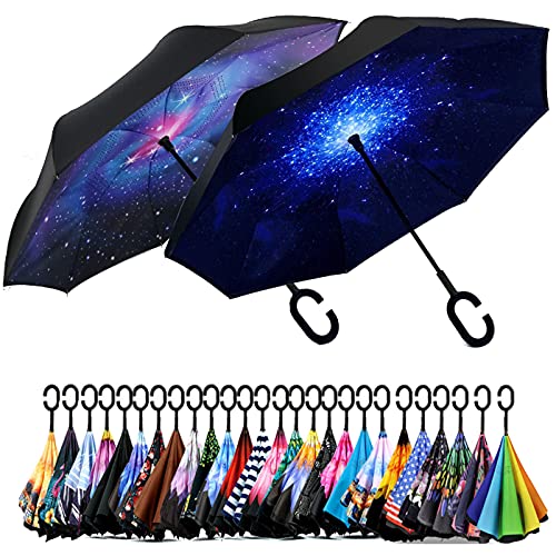 SIEPASA 40/49/56/62 Inch Inverted Reverse Upside Down Umbrella, Extra Large Double Canopy Vented Windproof Waterproof Stick Umbrellas with C-shape Handle.(Galaxy & Starry,2 Pack, 49 Inch