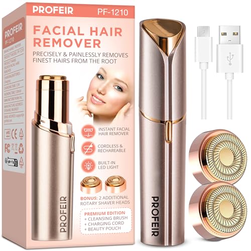 Facial Hair Removal for Women: Hair Removal Device - Rechargeable Face Razors for Women - Face Shaver for Women Upper Lips, Chin & Cheeks, 2 x Replacement Heads Included (Rose Gold)