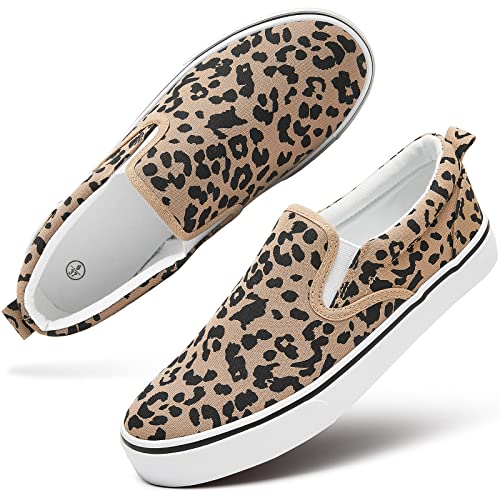 Women's Canvas Slip On Sneakers Fashion Flats Shoes White Canvas Shoes (Leopard, US9)