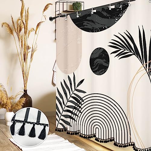 GiuMsi 72'X72' Boho Mid Century Black and White Shower Curtain Sets with Tassel Pendants Arch Sun Modern Minimalistic Leaves Bathroom Curtains Waterproof Durable Ployester 12 Hooks Home Decorations