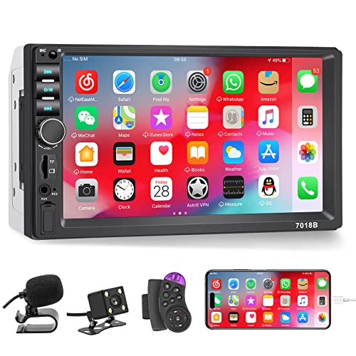Double Din Car Stereo Bluetooth with Backup Camera, 7 Inch Touchscreen Double Din Radio, Support Mirror Link/Hands Free Call/FM/Steering Wheel Remote/Fast Charging/TF/USB/EQ/Aux