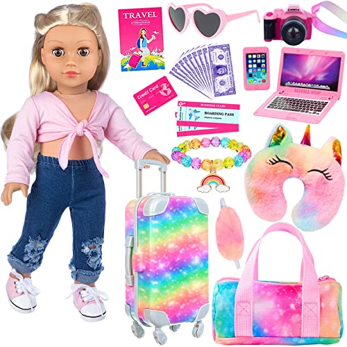 K.T. Fancy 23 PCS American 18 Inch Doll Accessories Suitcase Luggage Travel Set - Rainbow Suitcase Rainbow Bag Camera Computer Cell Phone Neck Pillow Eye Mask Glasses Gift for Christmas (NO DOLL)