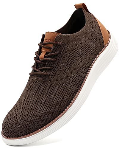 VILOCY Men's Dress Sneakers Oxfords Casual Business Shoes Lace Up Lightweight Walking Knit Mesh Fashion Sneakers Brown, EU43