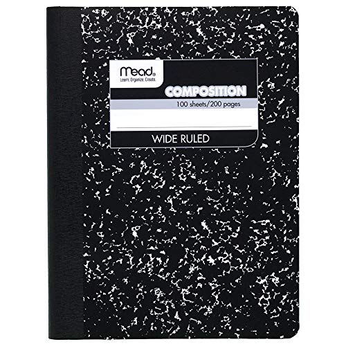 Mead Composition, Wide Ruled Comp Book, Writing Journal Notebook with Lined Paper, Home School Supplies for College Students & K-12, 9-3/4' x 7-1/2', 100 Sheets, Black Marble (09910)