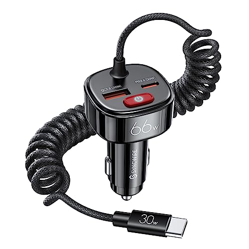 Syncwire USB C Car Charger with [Battery Leakage Prevention] 66W Super Fast Car Adapter with PD & QC 3.0 Built in 6FT Type C Coiled Cable for iPhone 15 Series, Samsung Galaxy/Google Pixel/iPad Pro