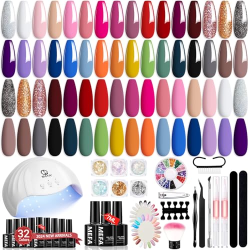 MEFA 56 Pcs Gel Nail Polish Kit with U V Light, 32 Colors All Seasons Soak Off Gel Polish Nail Set with Matte/Glossy Base Top Coat Essential Manicure Tools Nails Art DIY Gifts