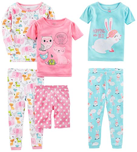 Simple Joys by Carter's Girls' 6-Piece Snug Fit Cotton Pajama Set, Blue Bunny/Pink Dots/White Forest Animals, 8