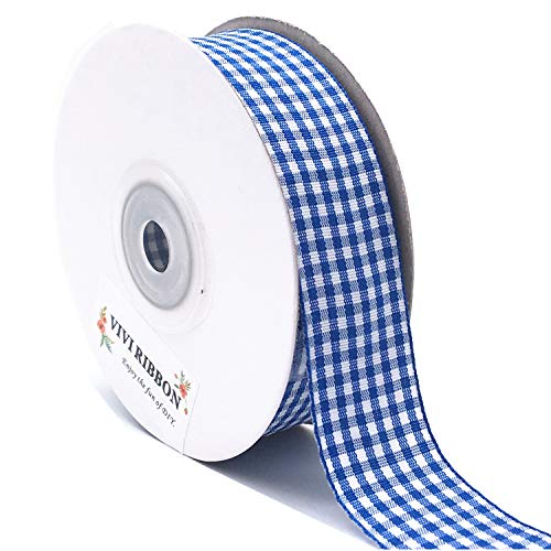 VIVIQUEN Blue Gingham Ribbon Checkered Ribbon 1-Inch 25 Yard Each Roll 100% Polyester Woven Edge (Blue)