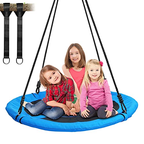 Trekassy 700lb 40 Inch Saucer Tree Swing for Kids Adults 900D Oxford Waterproof with 2pcs Tree Hanging Straps, Steel Frame and Adjustable Ropes Blue