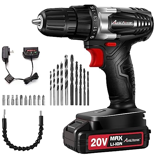 AVID POWER 20V MAX Lithium lon Cordless Drill, Power Drill Set with 3/8-Inch Keyless Chuck, Variable Speed, 16 Position and 22pcs Drill Bits (Black)