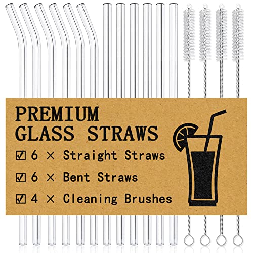 Piteno 16-Pack Reusable Glass Straws, Clear Glass Drinking Straws, 8.5''x10MM, Set of 6 Straight and 6 Bent with 4 Cleaning Brushes, Perfect for Smoothies, Milkshakes, Juice, Tea
