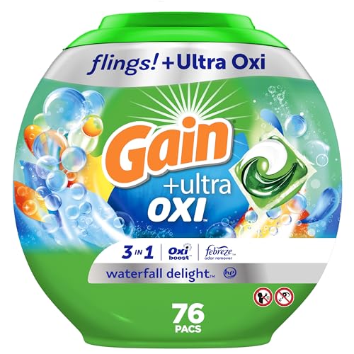 Gain flings Ultra Oxi Laundry Detergent Pacs 3-in-1 HE Compatible, Waterfall Delight Scent, 76 Count