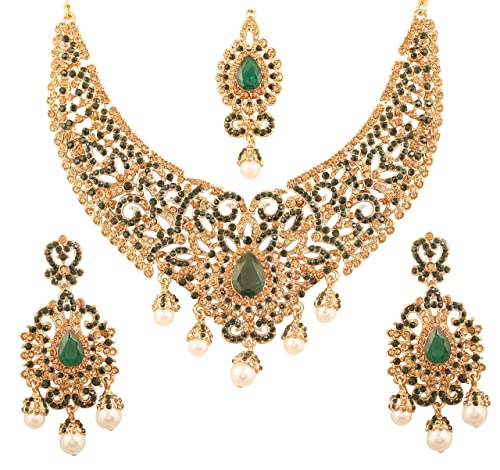 Touchstone New Indian Bollywood Desire Traditional Filigree Faux Green Emerald Color Exclusive Grand Bridal Jewelry Necklace Set in Antique Gold Tone for Women