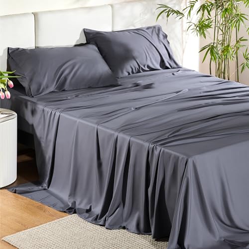 Bedsure Queen Sheets, Rayon Derived from Bamboo, Queen Cooling Sheet Set, Deep Pocket Up to 16', Breathable & Soft Bed Sheets, Hotel Luxury Silky Bedding Sheets & Pillowcases, Dark Grey
