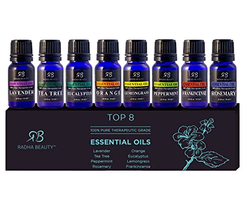 Essential Oil Set - Aromatherapy for Diffusers, Massage. Candle Making, Soaps, Bath Bombs. Top 8-10mL Oils: Lavender, Peppermint, Lemongrass, Tea Tree, Orange, Eucalyptus, Rosemary and Frankincense.