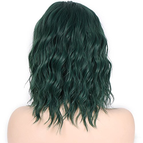 Bokeley Short Green Wigs Curly Wavy Wig for Women Dark Green Cosplay Costume Wigs Party Wigs with Wig Cap (Green)