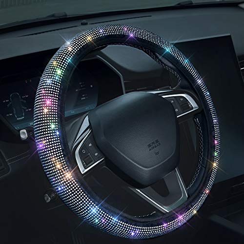 Bling Rhinestones Steering Wheel Cover with Crystal Diamond Sparkling Car SUV Breathable Anti-Slip Steering Wheel Protector (Fit 14.2'-15.3' Inch)