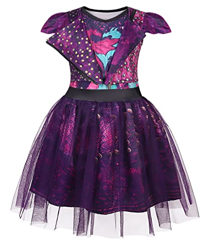 WonderBabe Mal Descendants Costume Girls Halloween Birthday Party Supplies Outfits Princess Dress Up Mesh Tutu Dress Size 5-6t
