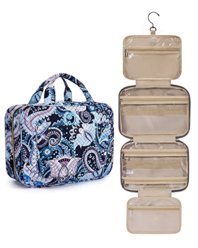 BAGSMART Toiletry Bag Travel Bag with Hanging Hook, Water-resistant Makeup Cosmetic Bag Travel Organizer for Accessories, Shampoo, Full Sized Container, Toiletries (Blue Paisley, Large)