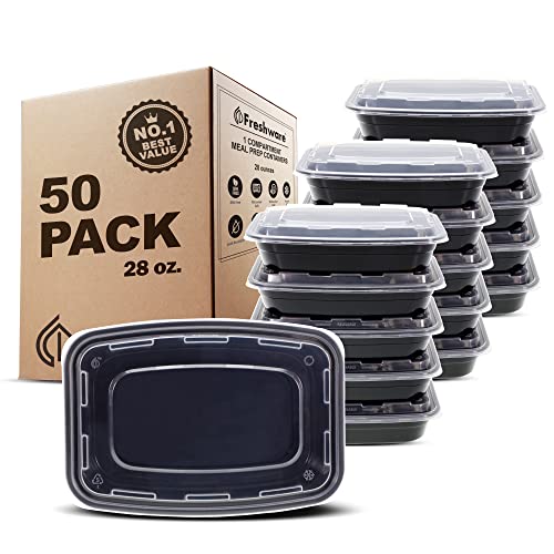 Freshware Meal Prep Containers [50 Pack] 1 Compartment with Lids, Food Storage Containers, Bento Box, BPA Free, Stackable, Microwave/Dishwasher/Freezer Safe (28 oz)