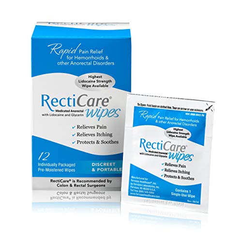 RectiCare Medicated Anorectal Wipes – Maximum Strength Topical Numbing – 5% Lidocaine & Glycerin – 12 Pack