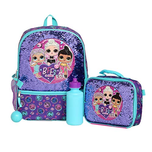L.O.L. Surprise! Girl’s 4 Piece Backpack Set, Flip Sequin 16' School Bag with Front Zip Pocket, Purple and Teal