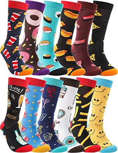 Funny Socks for Women Men Fun Cozy Crazy Cute Novelty Fashion Gift Breathable Cotton Boot Socks Stocking Stuffers（ Food A（12 Pairs）,L)