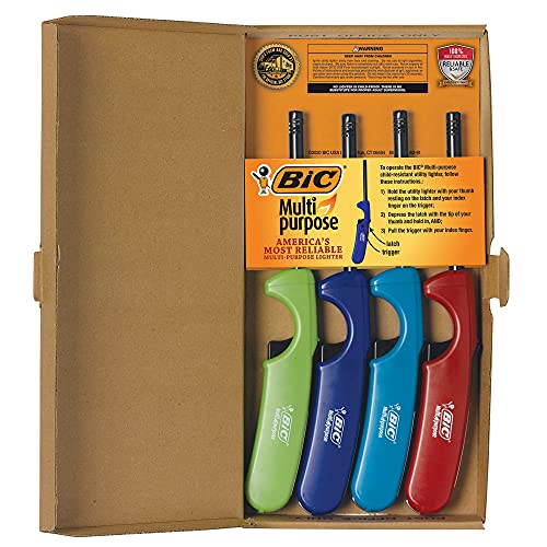 BIC Multi-Purpose Lighters, Long Metal Wand, Great for Grills, Fireplaces and Candles, Utility Lighter, Assorted Colors and Smores Design, 4-Count
