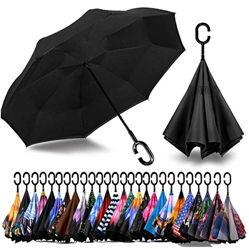 SIEPASA 40/49/56/62 Inch Inverted Reverse Upside Down Umbrella, Extra Large Double Canopy Vented Windproof Waterproof Stick Umbrellas with C-shape Handle.（Black, 49 Inch