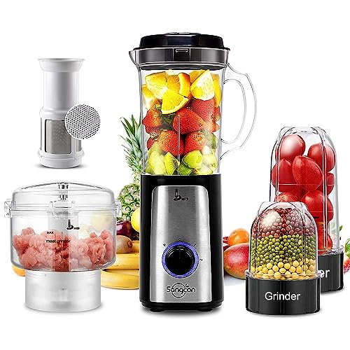SANGCON 5 in 1 Blender and Food Processor Combo for Kitchen, Small Electric Food Chopper for Meat and Vegetable, 350W High Speed Blenders with 2 Speeds and Pulse for Smoothies and Shakes